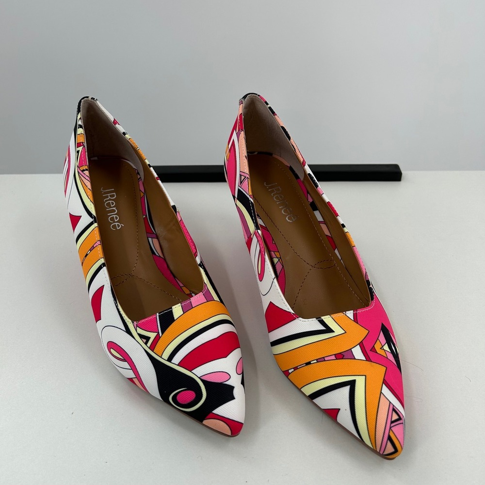 J. Renee Womens Abstract Geometric Print Pointed Toe Wedge Pumps Pink Multi 9M